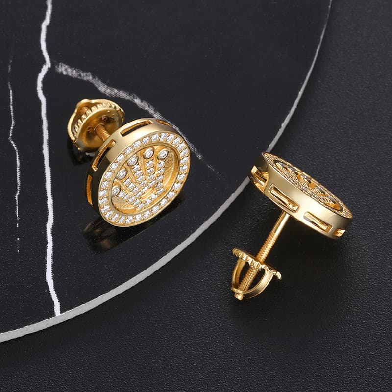 S925 VVS Moissanite Crown Stud Earrings in 18K Gold Plating for Hip - Hop - TONGSHOP