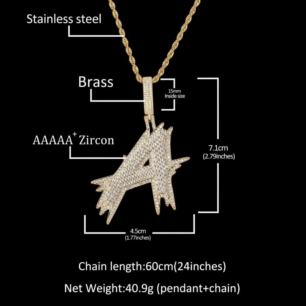 Solid Custom Diamond - Set Spiked Letter Pendant - TONGSHOP / Length:16 / Length:18