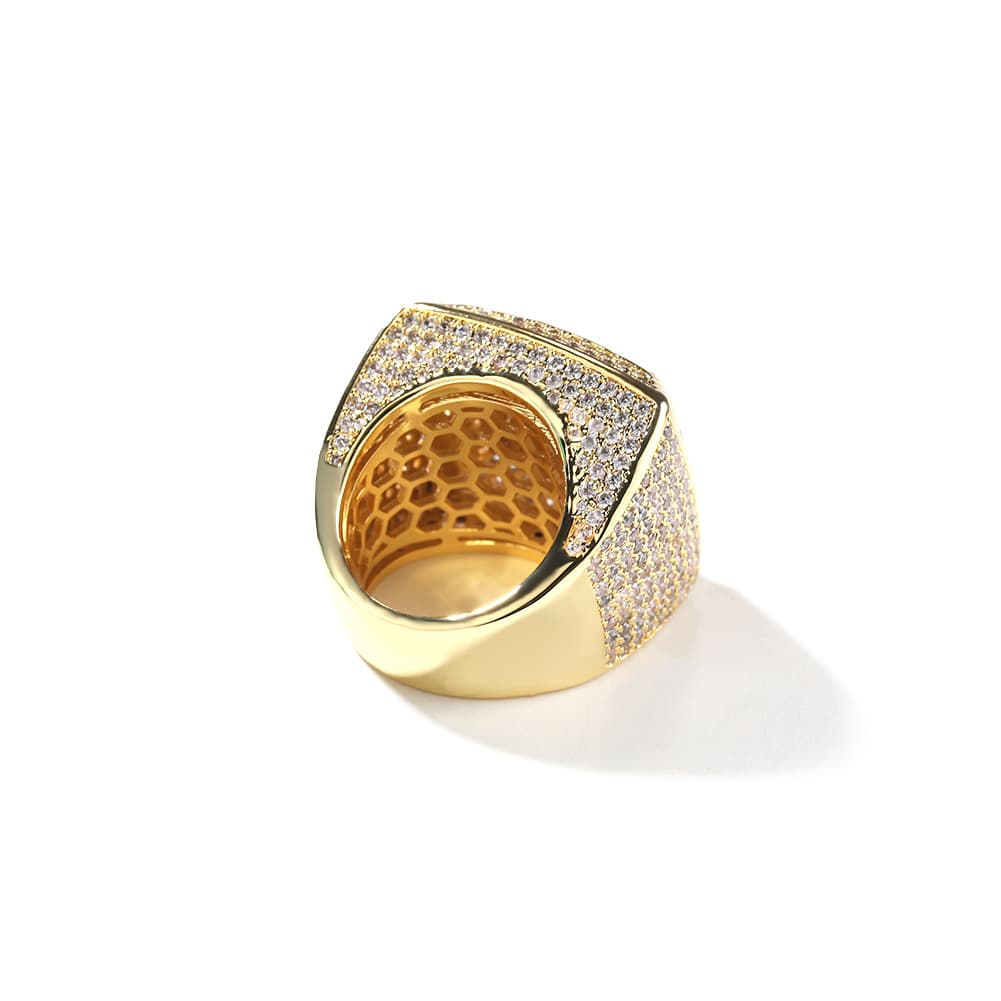 Square Diamond Encrusted Hip - Hop Ring in 18K Gold Plating - TONGSHOP