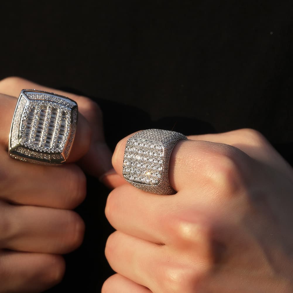 Square Diamond Encrusted Hip - Hop Ring in 18K Gold Plating - TONGSHOP