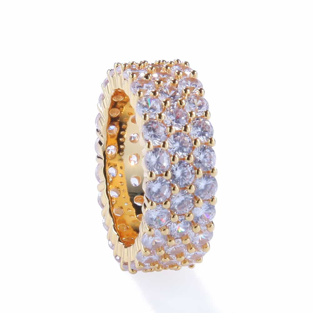 Triple Row Diamond Bling Hip - Hop Ring in 18K Gold - TONGSHOP