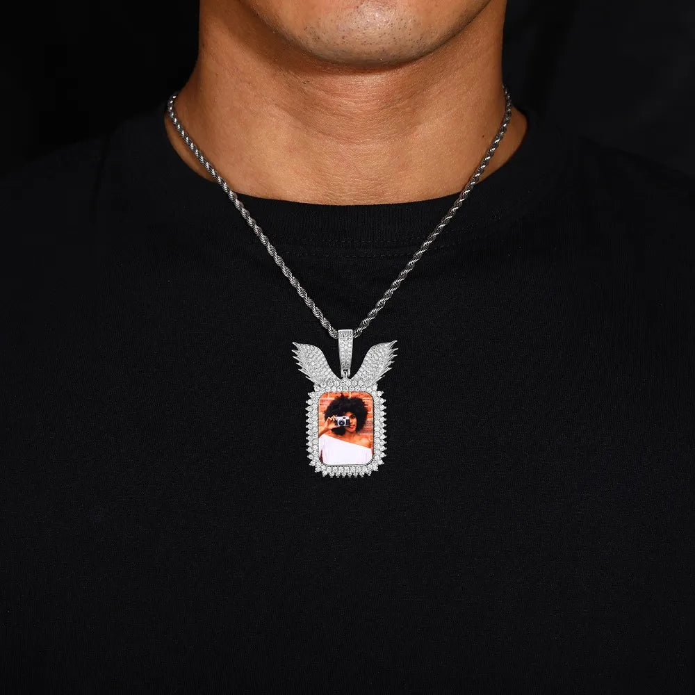 Wings Memory Square Photo Frame Pendant - 38mm - TONGSHOP / Length:16 / Length:18